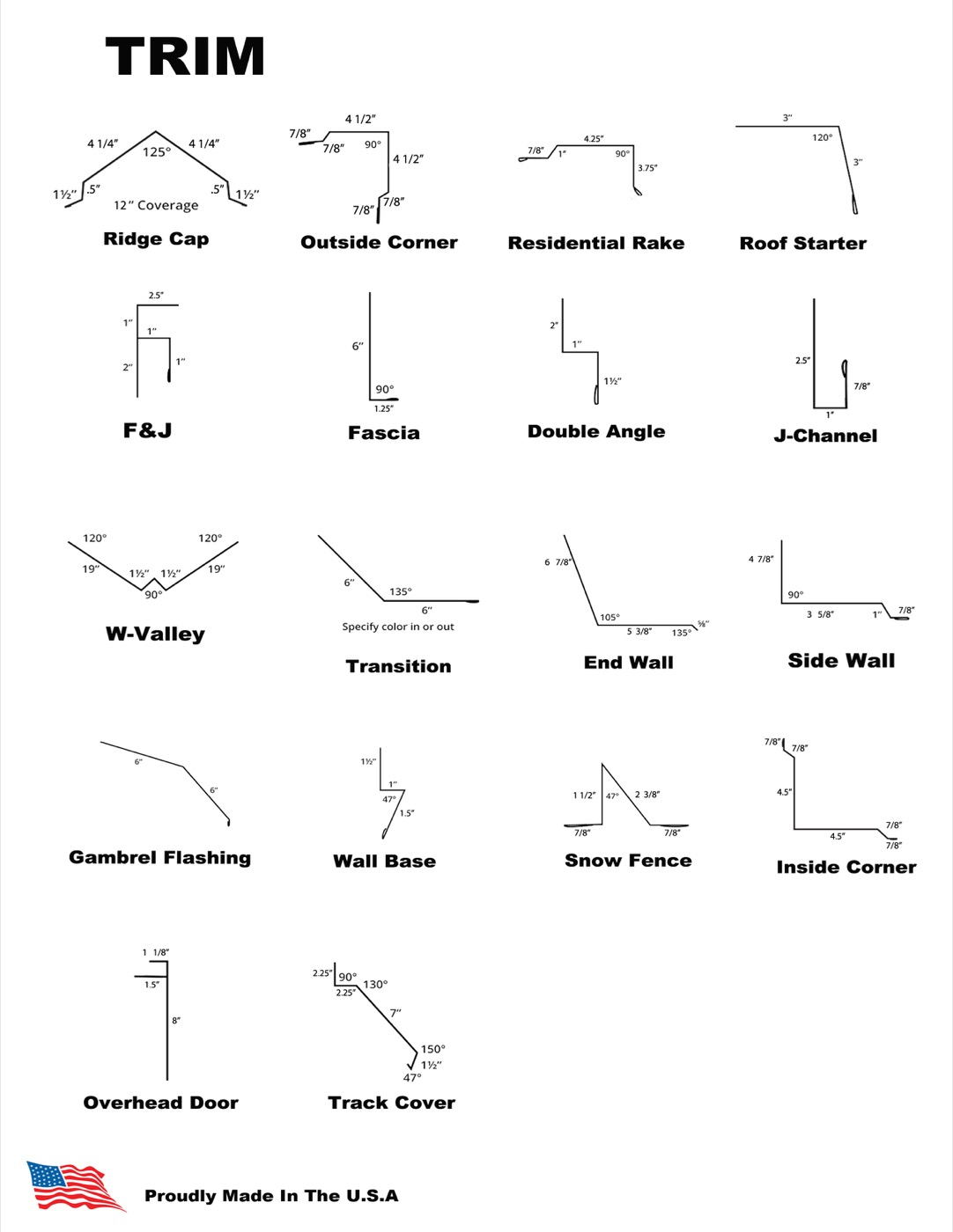 Ag panel and classic rib trim profiles — ridge cap, rake, J-channel, fascia, valley, corners
