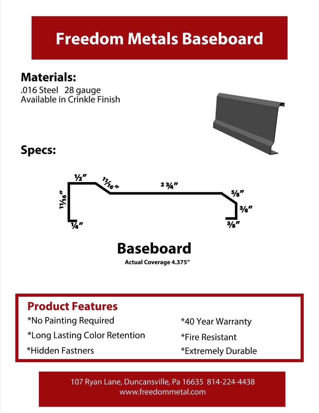 Metal baseboard profile and dimensions