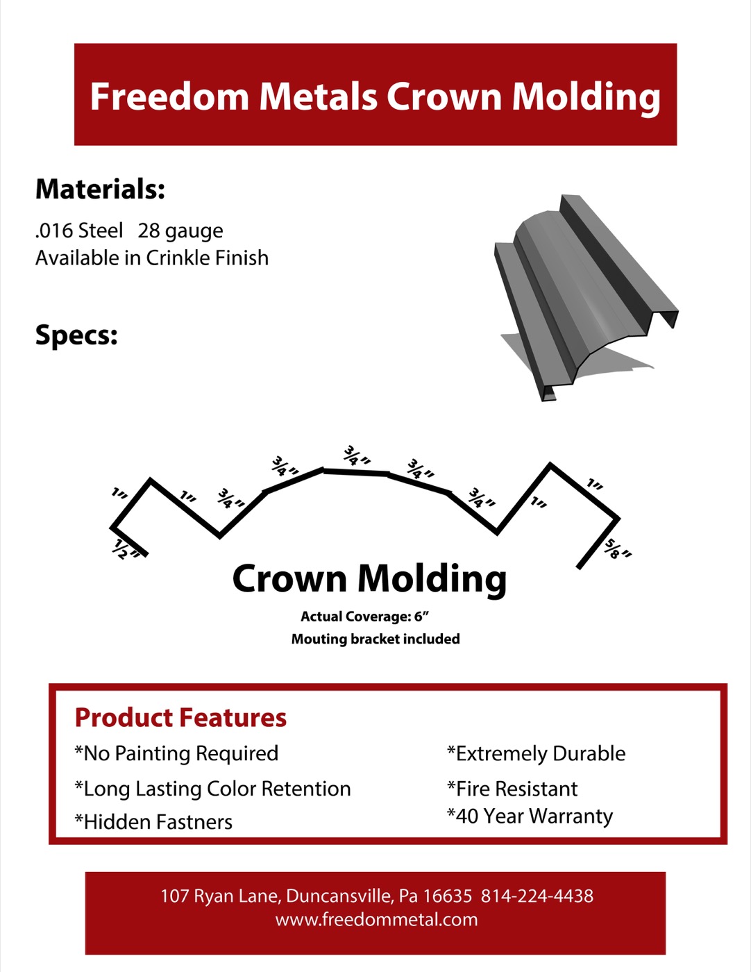 Metal crown molding profile and dimensions