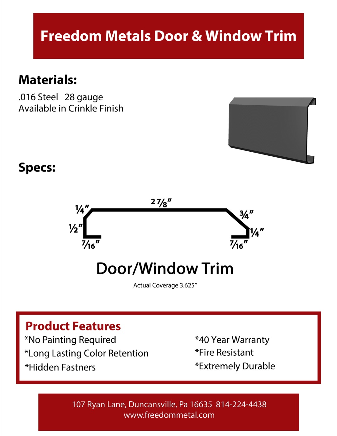 Metal door and window trim profile and dimensions
