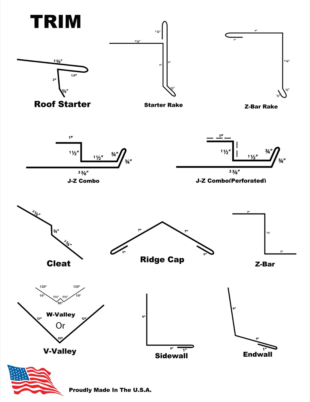 Standing seam trim profiles — roof starter, ridge cap, Z-bar, valley, sidewall, endwall
